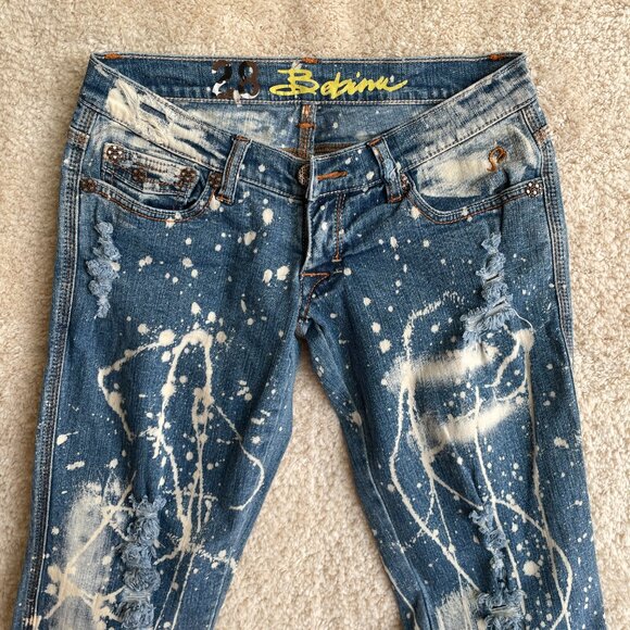 Bebina Jeans Womens 28x34 Acid Wash Splattered Distressed Low Rise Flare Festive - Picture 2 of 15
